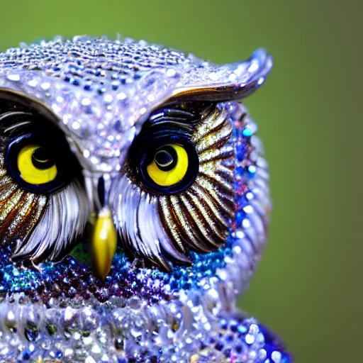 Image similar to bejewelled metal owl, highly detailed, 4k, HDR, smooth, sharp focus, hyper realistic, high resolution