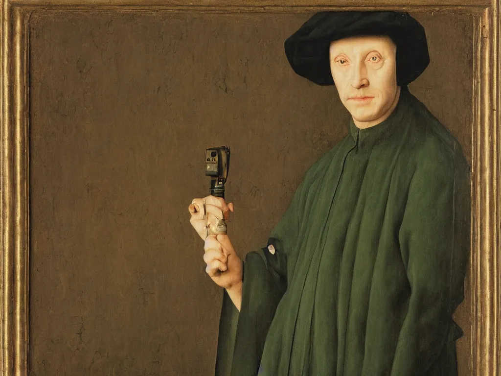 Image similar to portrait of a small time paranoid thief. Painting by Jan van Eyck, August Sander.