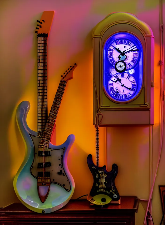 Image similar to telephoto 7 0 mm f / 2. 8 iso 2 0 0 photograph depicting the feeling of chrysalism in a cosy safe cluttered french sci - fi art nouveau cyberpunk apartment in a pastel dreamstate art cinema style. ( electric guitar ) ( ( fish tank ) ) ( ( ( clock ) ) ), ambient light.