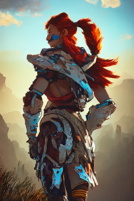 Prompt: combination suit armor aloy horizon forbidden west horizon zero dawn radiating a glowing aura global illumination ray tracing hdr fanart arstation by ian pesty and alena aenami artworks in 4 k tribal robot ninja mask helmet backpack