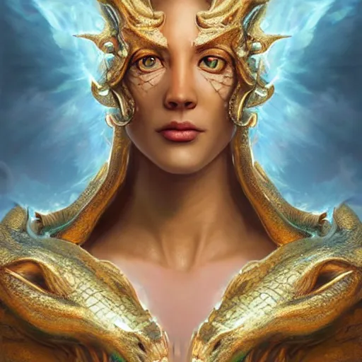 Image similar to Perfectly-centered portrait-photograph of a real life godly dragon creature with shining scales descending from heaven, lifelike, super highly detailed, professional digital painting, artstation, concept art, Unreal Engine 5, Photorealism, HD quality, 8k resolution, cinema 4d, 3D, beautiful, cinematic, art by artgerm and greg rutkowski and alphonse mucha and loish and WLOP