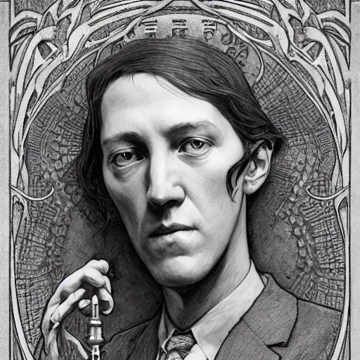 Image similar to amazing lifelike award winning pencil illustration of h.p. lovecraft trending on art station artgerm Greg rutkowski alphonse mucha cinematic