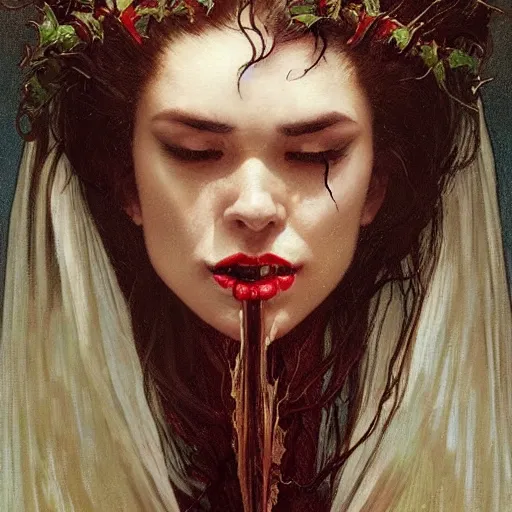 Prompt: portrait of a menacing beautiful vampire, face only, closed mouth, eyes half closed, crying tears of blood down face by Stanley Artgerm Lau , greg rutkowski, thomas kindkade, alphonse mucha, loish, norman rockwell, J. C. Leyendecker. hair waving in the wind, pale skin, sinister complexion, thorn crown, imagine bordered by thorns. D&D, fantasy. Trending on artstation rule of thirds extremely detailed illustration hd 4k