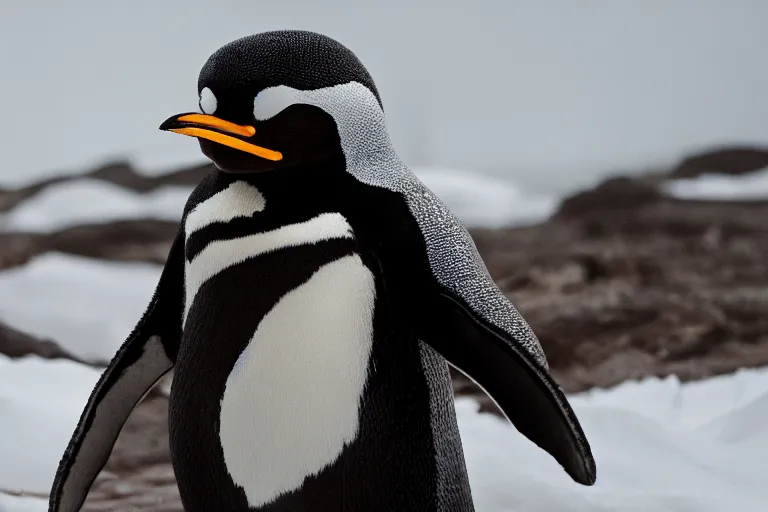 Prompt: movie scene closeup penguin wearing fishbone armor holding a katana sword in a lush arctic. by emmanuel lubezki