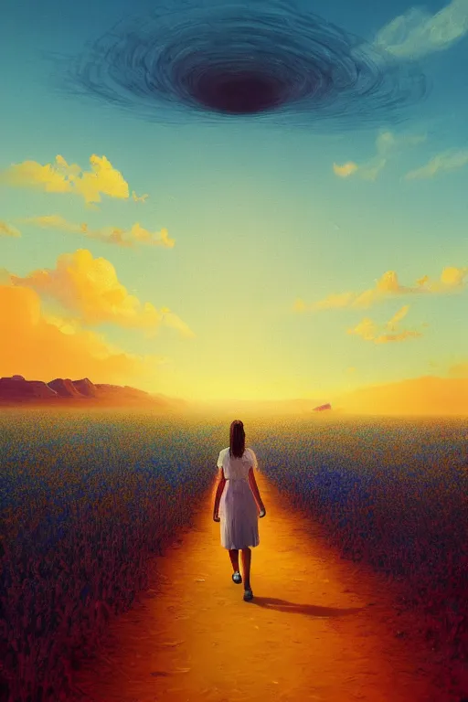 Image similar to giant corn flower head, girl walking in the desert, surreal photography, sunrise, dramatic light, impressionist painting, colorful clouds, digital painting, artstation, simon stalenhag