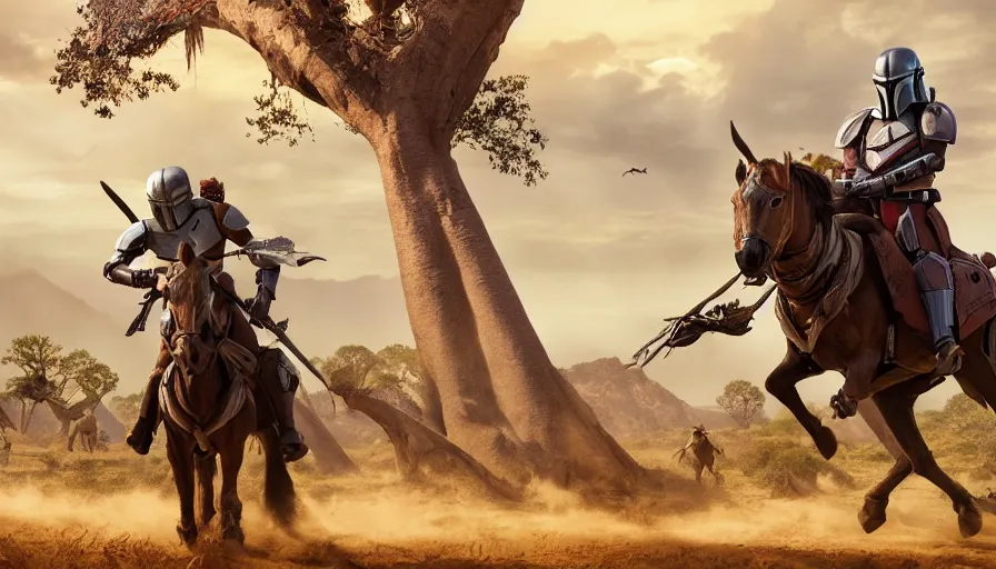 Image similar to mandalorian riding a horse through madagascar with baobabs trees, tribe members chasing for an attach, action scene, an epic fantasy, artgerm and greg rutkowski and alphonse mucha, an epic fantasy, volumetric light, detailed, establishing shot, an epic fantasy, cinematic, photorealistic, ultrarealistic, trending on art station, octane render, midsommar