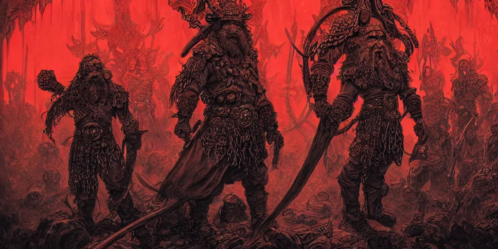 Image similar to concept art, aged dwarf warrior gang stand at the gates of hell, poster style, ornate, red, turquoise, detailed, dramatic, moody lighting, by paul pope, travis charest, gustave dore, hiroshi yoshida, moebius, artgerm, cinematic