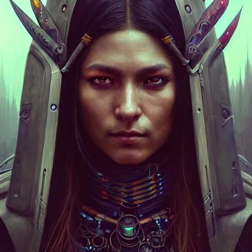 Image similar to portrait painting of a cyberpunk native american elven street samurai, ultra realistic, concept art, intricate details, eerie, highly detailed, photorealistic, octane render, 8 k, unreal engine. art by artgerm and greg rutkowski and charlie bowater and magali villeneuve and alphonse mucha