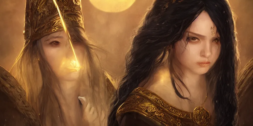 Prompt: a young priestess with long black hair weavering golden string of magic, barroque painting, ultra realistic. cinematic, dynamic. magic the gathering style. epic fantasy, insanely detailed, 4k, symmetrical face, rpg character reference. cinematic light