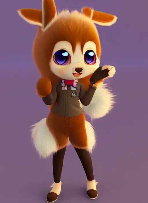 Prompt: female eevee mini cute style, character adoptable, highly detailed, rendered, ray - tracing, cgi animated, 3 d demo reel avatar, style of maple story and zootopia, maple story eevee, fluffy, dark skin, cool clothes, soft shade, soft lighting