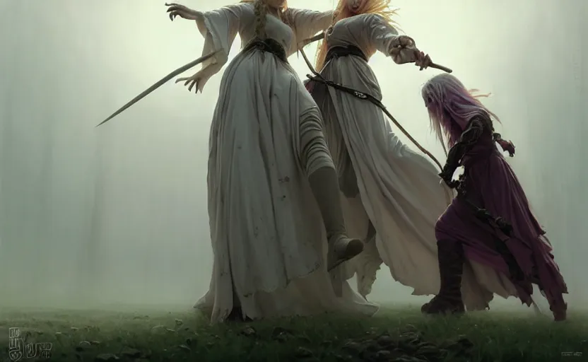 Prompt: mage fighting a zombie, blonde braided hair mage wearing ivory gothic robe, misty castle, movie action still frame, wide horizon, intricate, elegant, highly detailed, hyperreal highly detailed 8 k, digital painting, concept art, smooth, sharp, focus, illustration, art by artgerm, greg rutkowski, ilya kuvshinov, alphonse mucha