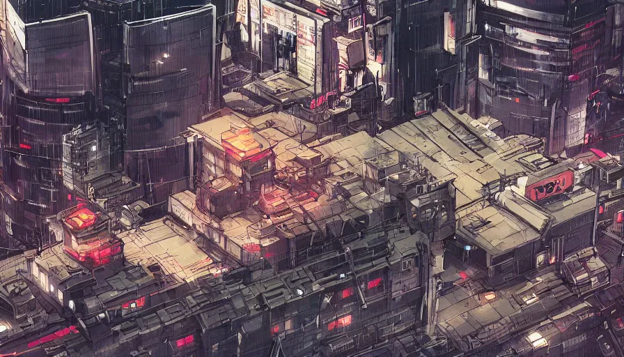 Prompt: Concept Art Illustration of neo-Tokyo Maximum Security Bank, in the Style of Akira, Syndicate Corporation, Anime, Dystopian, Highly Detailed, Helipad, Special Forces Security, Blockchain Vault, Searchlights, Shipping Docks, Shipping Containers of Money :2 Akira Movie style : 8