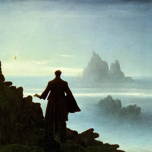 Prompt: Wanderer above the Sea by Caspar David Friedrich in style of Carlos Barbarena