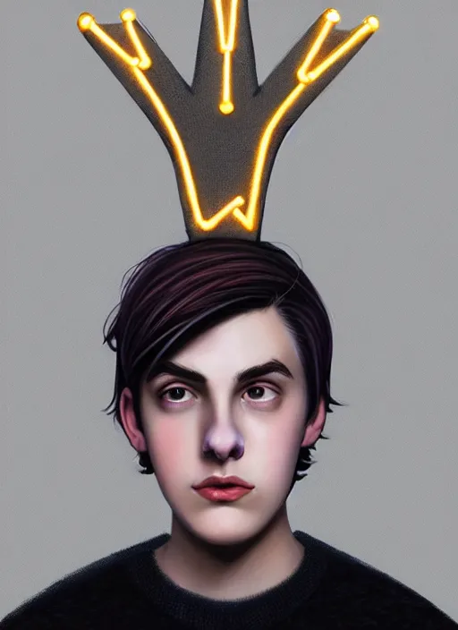 Image similar to portrait of teenage jughead jones wearing a light grey crown, photorealistic, crown, eyes closed, crown, black hair, sweater with letter s on it, letter s, intricate, elegant, glowing lights, highly detailed, digital painting, artstation, concept art, smooth, sharp focus, illustration, art by wlop, mars ravelo and greg rutkowski