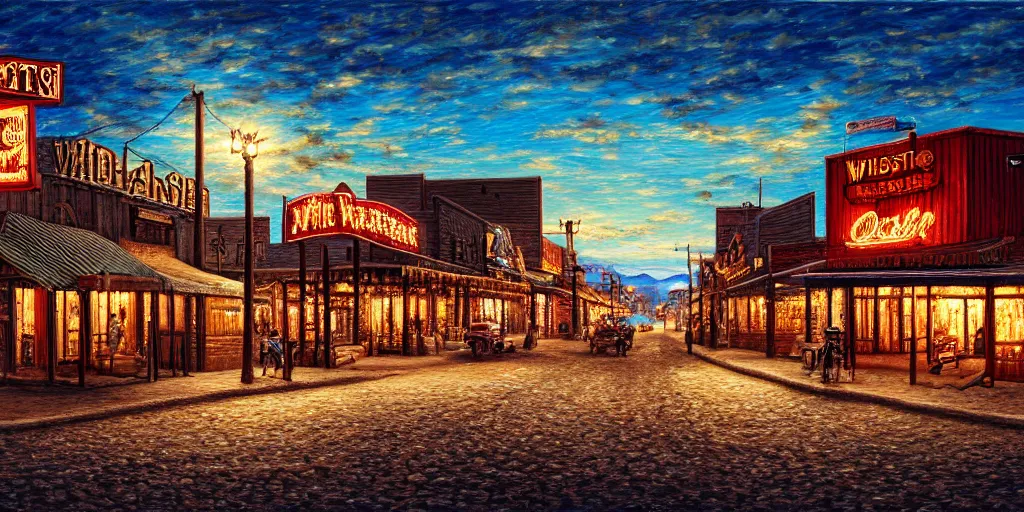 Image similar to photorealist painting of wild west small town, western, old west, nighttime, high production value, intricate details, high resolution, hyperrealistic, hdr, high definition, masterpiece, ultra realistic, highly detailed, hd, sharp focus, non blurry, sharp, smooth