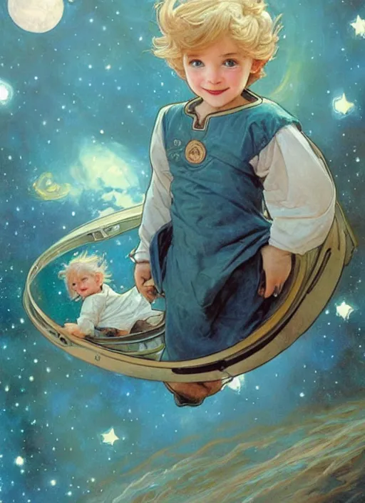 Image similar to a cute little boy with a mischievous face, blue eyes, and tousled blonde hair smiles as he floats in space with stars all around him. he is wearing a turquoise outfit. beautiful painting by artgerm and greg rutkowski and alphonse mucha