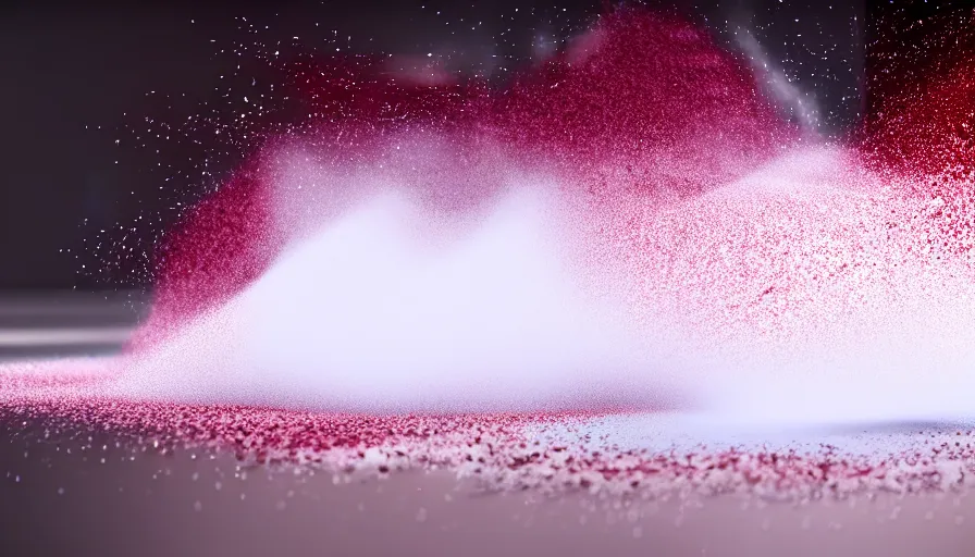 Prompt: extremely realistic color powder explosion on white floor, white background, 3 d, particles, sidefx, vfx