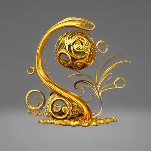 Prompt: art nouveau gold mochi shaped sculpture with filigree faberge orchid betta whiplash forest liquid lightshow spiral organic natural forms designed by giger, 8 k, octane render