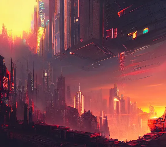 Image similar to cyberpunk fantasy world with beautiful sunse, amazing digital art, trending on artstation