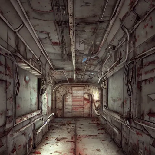 Prompt: disfigured necromorph being crawling in the spacecraft hallway, rusty and dirty interiors, highly realistic and intricate, dim lights