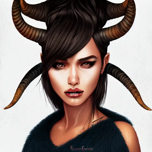 Prompt: illustrated realistic portrait of ram-horned devil woman with blue bob hairstyle and her tan colored skin and with solid black eyes wearing leather by rossdraws