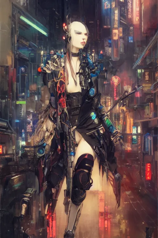 Prompt: portrait full body samurai cyberpunk futur tokyo city night club by gaston bussiere, greg rutkowski, yoji shinkawa, yoshitaka amano, donato giancola, tim hildebrandt, oil on canvas, trending on artstation, featured on pixiv, cinematic composition, extreme detail