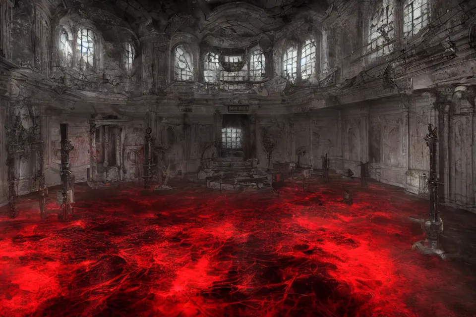 Image similar to Paranormal Activity In A Futuristic Satanic Chamber In An Abandoned Church In Rome With Black Hooded Characters Around A Dark Pagan Symbol Made of Red Fluid, photorealistic, volumetric lighting, hyperrealistic, octane render, HDR, photorealistic, bokeh