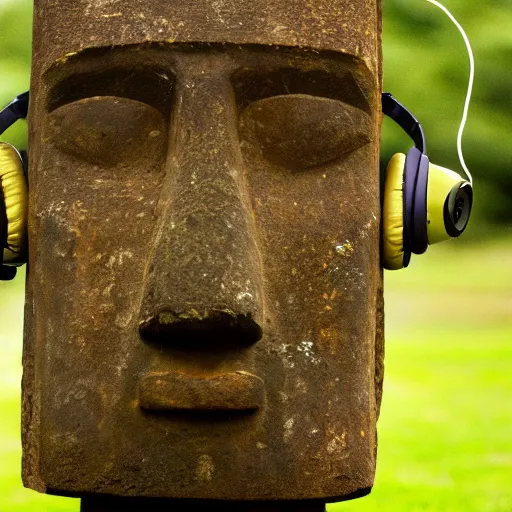 Image similar to a high detail photo of a moai wearing headphones, subject: moai, subject detail: wearing headphones