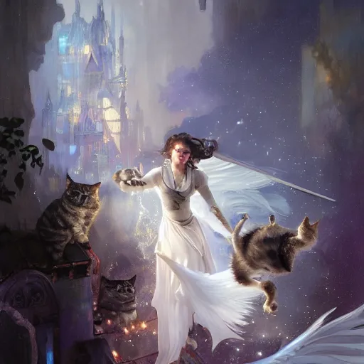 Prompt: hyperrealistic portrait of a woman flying a broom above a bladedrunner city among cats as fireflies wearing white swan dress long feathers and sapphire jewellery by jeremy mann and alphonse mucha, fantasy art, photo realistic, dynamic lighting, artstation, poster, volumetric lighting, very detailed faces, 4 k, award winning