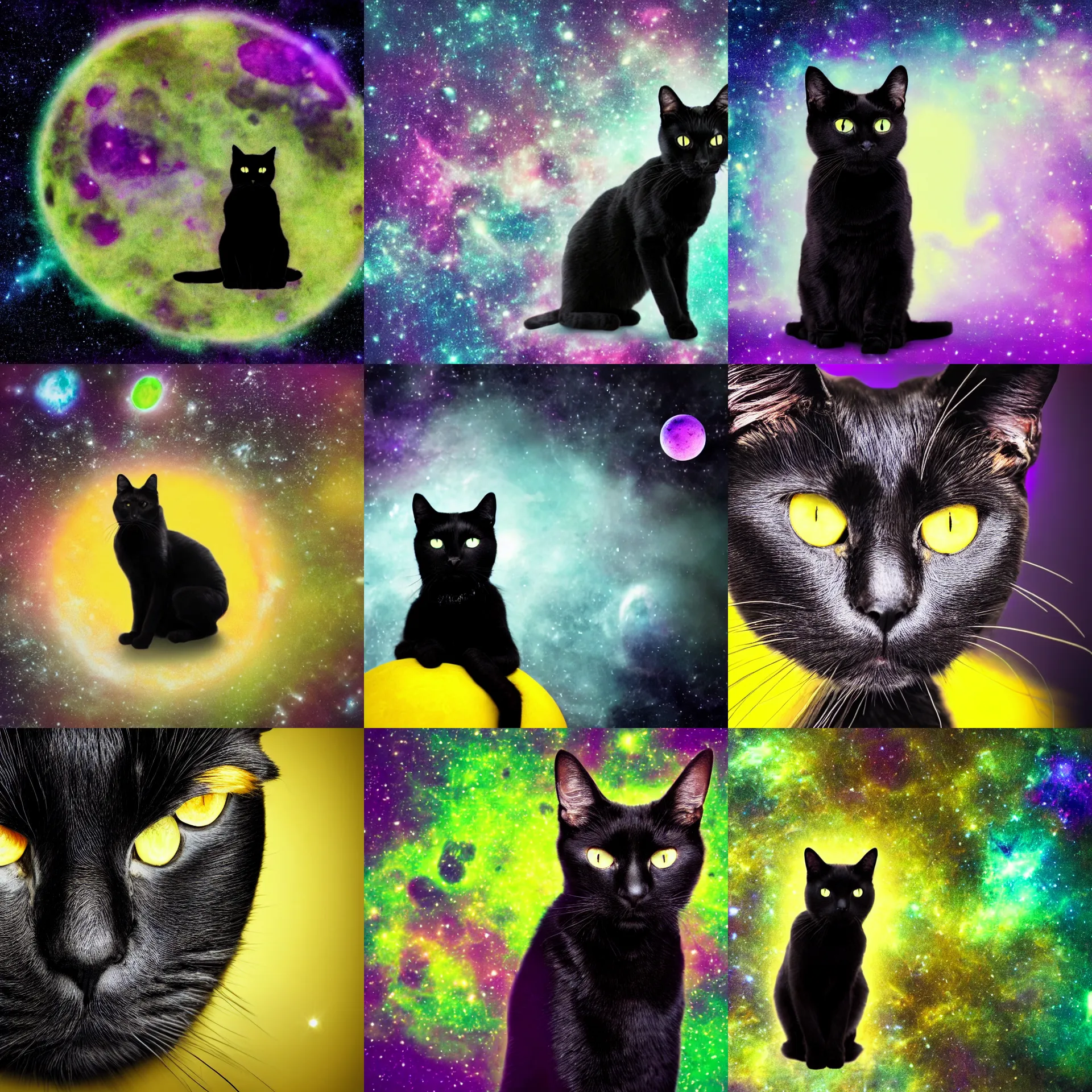 Prompt: photograph of a black cat on the surface of an alien moon with yellow eyes staring at you, green and purple studio lighting, on a galaxy looking background