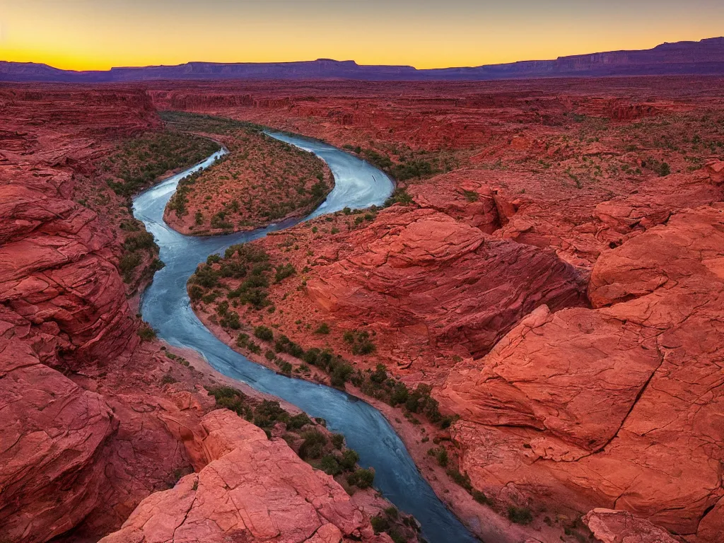 Image similar to “a river bend running through a canyon surrounded by desert mountains at sunset, moab, utah, a tilt shift photo by Frederic Church, trending on unsplash, hudson river school, photo taken with provia, national geographic photo”