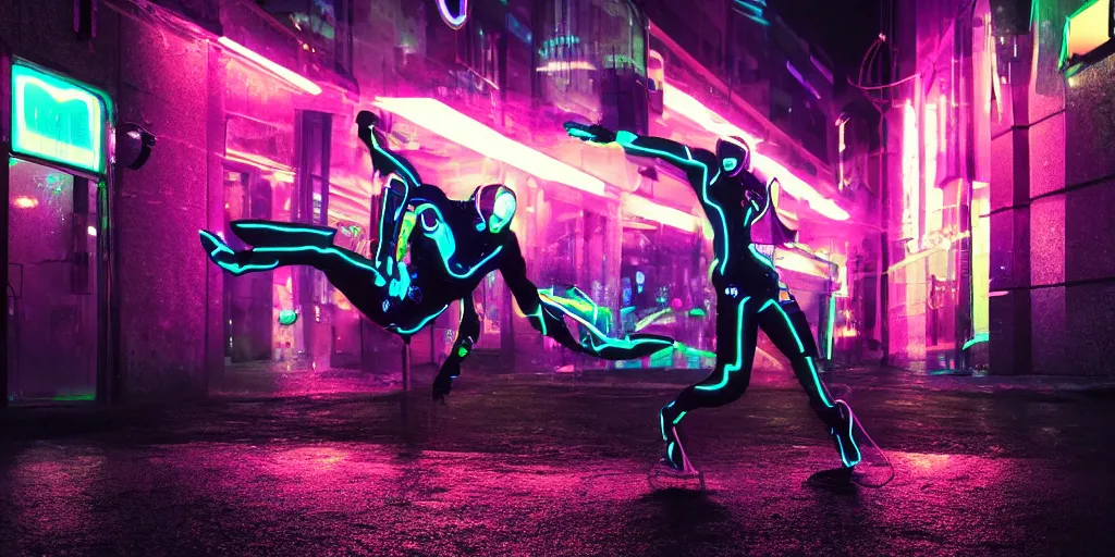 Prompt: slow motion picture of futuristic break dancer wearing dark tron suit with neon lights, long exposure shot , at night in the middle of a rainy street, paddles of water, rim lights, glossy reflections, octane render, detailed and soft, by laurie greasley