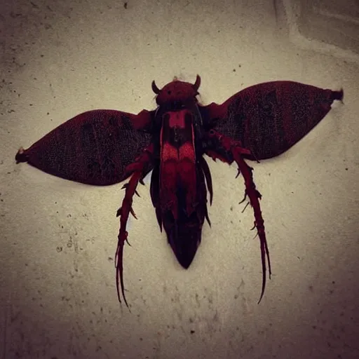 Image similar to “an ancient, demonic moth with bones coming out of its body, dark red mist swirling around”