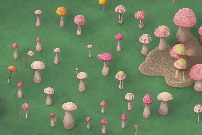 Image similar to Isometric mushroom forest, pastel colors, highly detailed, octane render, psychedelic, trending on artstation