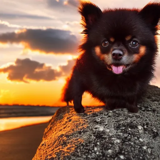 Prompt: dark brown pomeranian dog with his stitch friend hanging out on the sunset