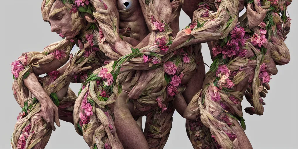 Image similar to a sculpture of human bodies intertwined, a lovely cornucopia of flowers and human body parts, body parts, highly detailed, octane render, cinematic ， - h 7 6 8