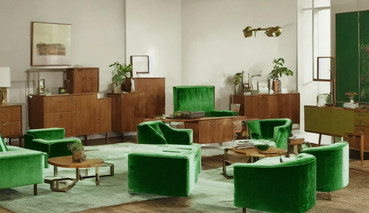 Image similar to a still of severance series indoor 7 0 s green velvet and wood with metal furniture office scenario appearing as a 7 0 s prisunic catalog, in color