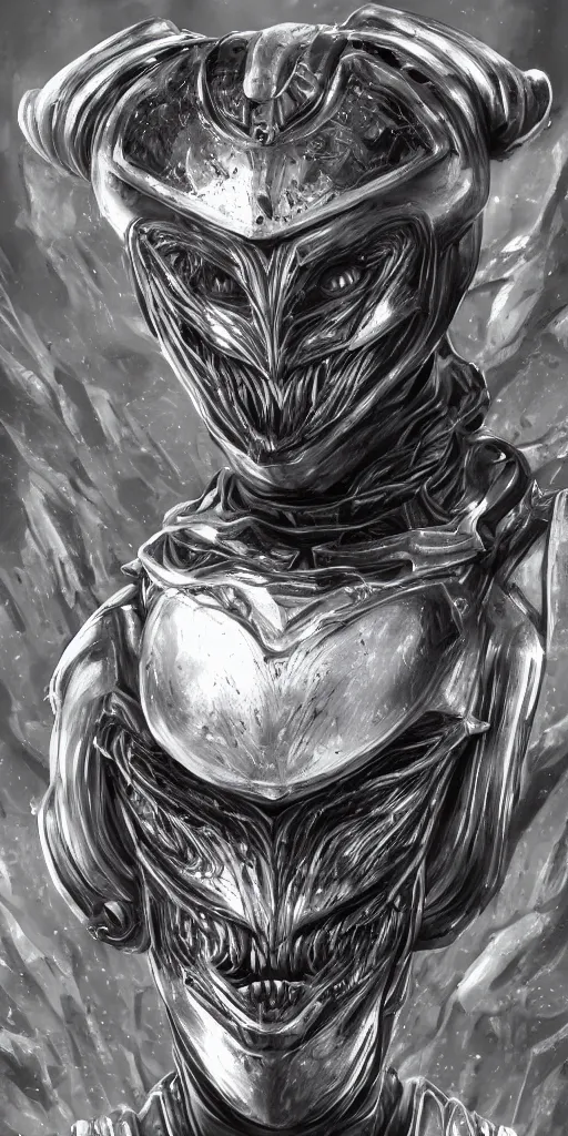 Image similar to a photo realistic portrait of an alien creature with highly detailed features wearing metal armor, dramatic rim lighting, concept art