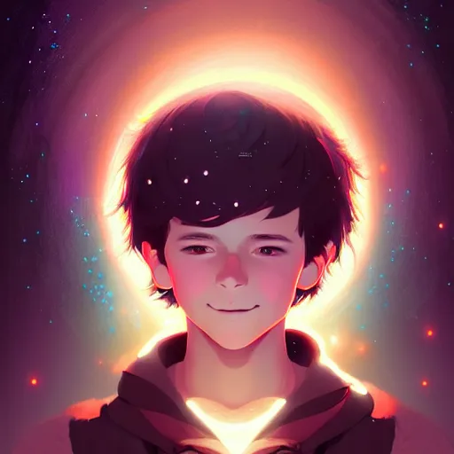 Prompt: The beginning of time, portrait of a beautiful young man, dressed in stars and planets, extreme hyper detail, dramatic, fantasy lighting, matte print, digital art, cute smile, beautiful eyes, digital painting, fan art, pixiv, elegant, Ilya Kuvshinov style, Studio Ghibli