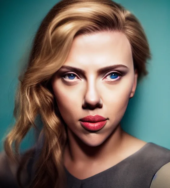 Image similar to portrait photo of Scarlett Johansson:: symmetric face, symmetric eyes, slight smile, photo by Annie Leibovitz, 85mm, teal studio backdrop, Getty images