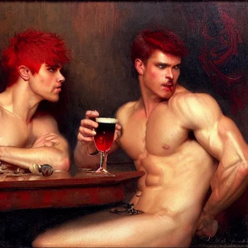 Image similar to attractive muscular male with red hair and muscular attractive male with black hair, drinking their hearts out, in a pub. very defined and highly detailed painting by gaston bussiere, j. c. leyendecker, craig mullins 8 k