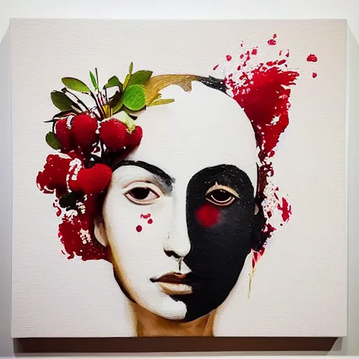 Image similar to “art in an Australian artist’s apartment, portrait of a woman wearing stained white cotton cloth, stained by fresh raspberries and strawberries and blueberries, white wax, edible flowers, Australian native white and red flowers ikebana, black walls, acrylic and spray paint and oilstick on canvas”