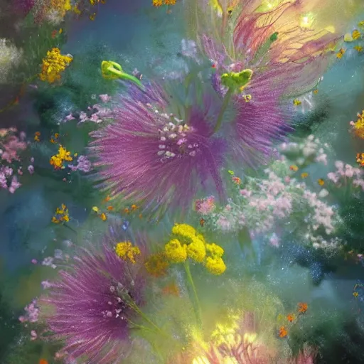 Image similar to This illustration is a large canvas, covered in a wash of color. In the center is a cluster of flowers, their petals curling and twisting in on themselves. The effect is ethereal and dreamlike, and the overall effect is one of serenity and peace. taupe, Pixar's 'Up' by Jeremy Mann, by Jeff Easley atmospheric, CGI