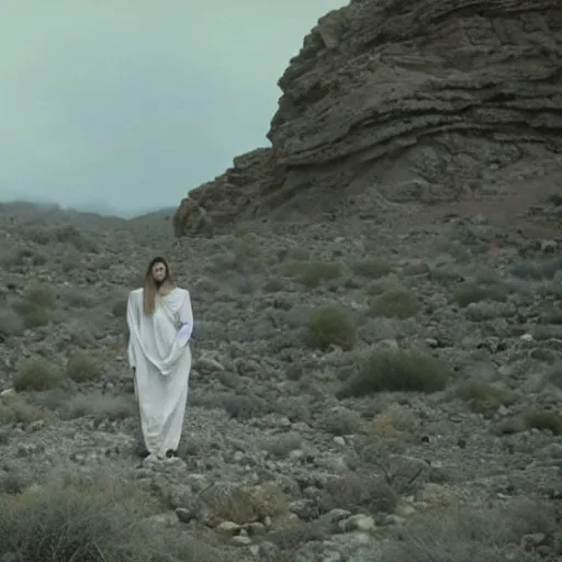 Image similar to The full body shot of beautiful pale woman with white flowers and full-face golden mask in a rocky desert landscape, smoke around her, volumetric lighting, multiple eyes and dry earth by Denis Villeneuve, Lubezki, Gaspar Noe and Christopher Doyle, anamorphic lens, anamorphic lens flares, kodakchrome, cinematic composition, practical effects, award winning photo, 8k