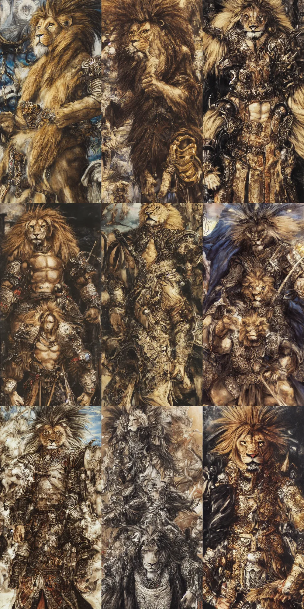 Image similar to 8 k yoshitaka amano painting of upper body of a young cool looking lion beastman with white mane at a medieval market at windy day. depth of field. he is wearing complex fantasy clothing. he has huge paws. renaissance style lighting.