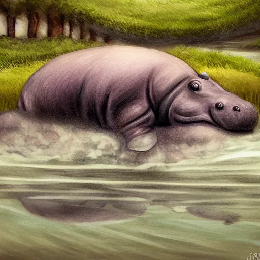 Prompt: sad hippo waking up in a beautiful river landscape, drawn by brigette barager, trending on artstation