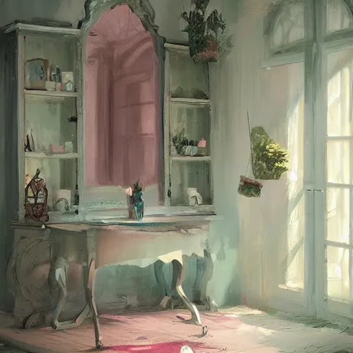 Prompt: beautiful digital matte painting of a whimsical botanical shabby chic dressing room by greg rutkowski and edward hopper, artstation, behance hd - 7 6 8