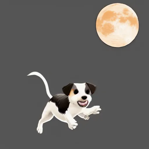 Image similar to cute jack black and white russel terrier jumping over a smiling moon, large round eyes, concept art, game art, character sheet, character design, by cory loftis and bill schwab