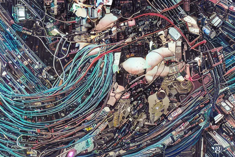 Image similar to an extremely beautiful cyberpunk illustration of parts of female androids' bodies lying scattered across an empty white background with cables and wires coming out, by katsuhiro otomo and masamune shirow, hyper-detailed, colorful, bird view