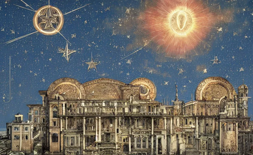 Prompt: buildings, stars and paisley filled sky, artstation, intricate, highly detailed, digital painting, concept art, sharp focus, illustration by Enki Bilal and Piero della Francesca